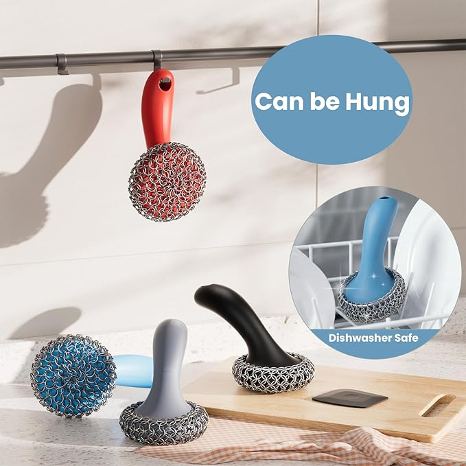 Cast Iron Scrubber with Long Handle | 316 Cast Iron Cleaner Chainmail Scrubber for Pan Skillet Cleaner - Dish Scouring Pad Dishwasher Safe Cleaning Kit (Blue, 1 Scrubber + 1 Scraper)