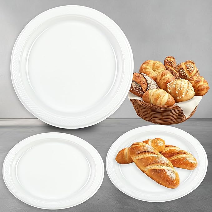 50PCS White Plastic Plates, 7 Inch Disposable Dessert Plates Cake Plates for Picnic Birthday Wedding Party Supplies (White, 7 Inch)