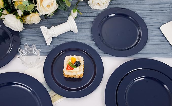 FLOWERCAT 100PCS Blue Plastic Plates - Heavy Duty Blue Disposable Plates for Memorial/Birthday Party/Graducation - Include 50PCS 10.25inch Dinner and 50PCS 7.5inch Dessert/Salad Plates for 50 Guests