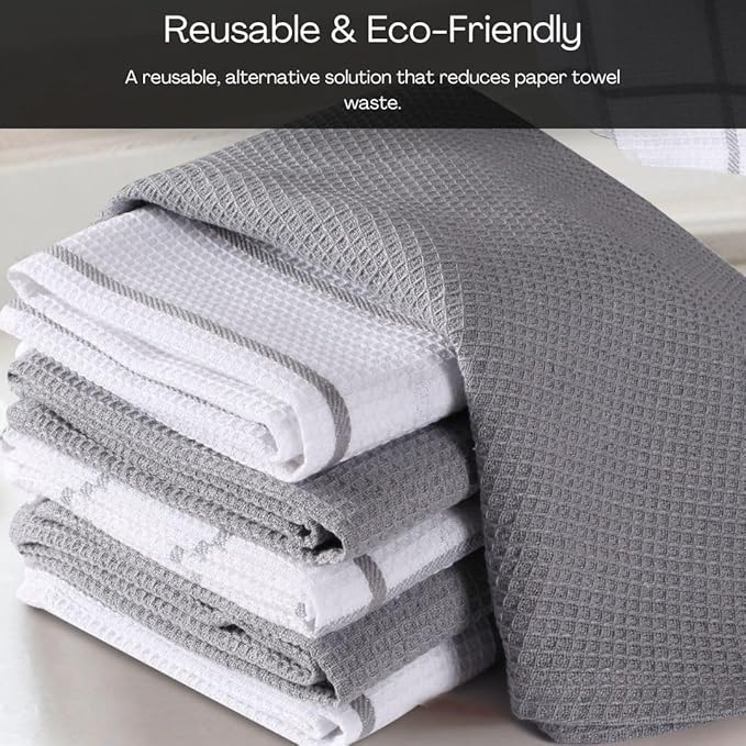 Assorted Waffle Kitchen Dish Towels 100% Cotton Set of 6, Soft Absorbent Quick Drying Table and Kitchen Linen, Tea Towels and Cleaning Towels with Hanging Loop, Dish Towels 15x25 Grey