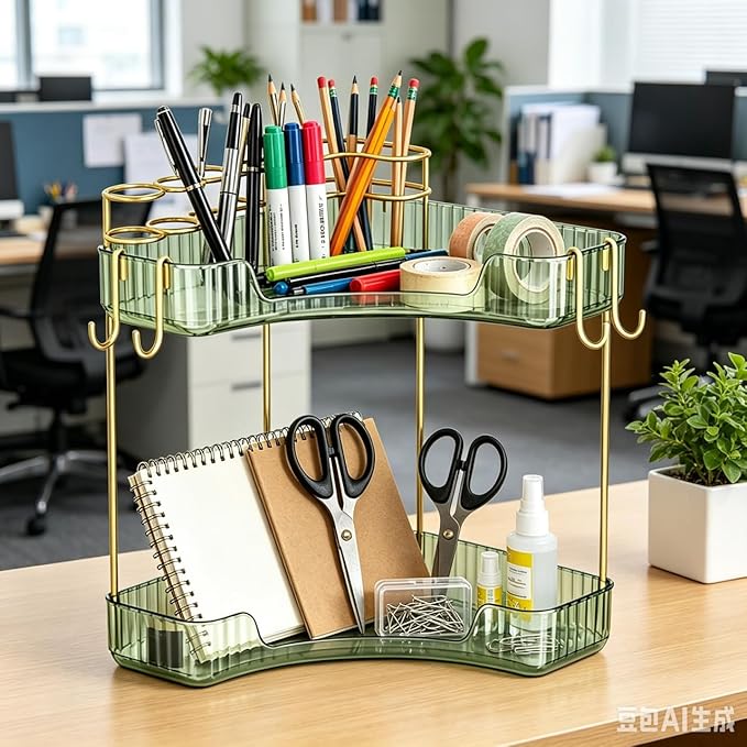 2-Tier Corner Bathroom Counter Organizer,Makeup & Skincare Shelf with Built-in Brush Holder,Space-Saving Bathroom Countertop Organizer for Skincare, Perfume, Cosmetics(Green)