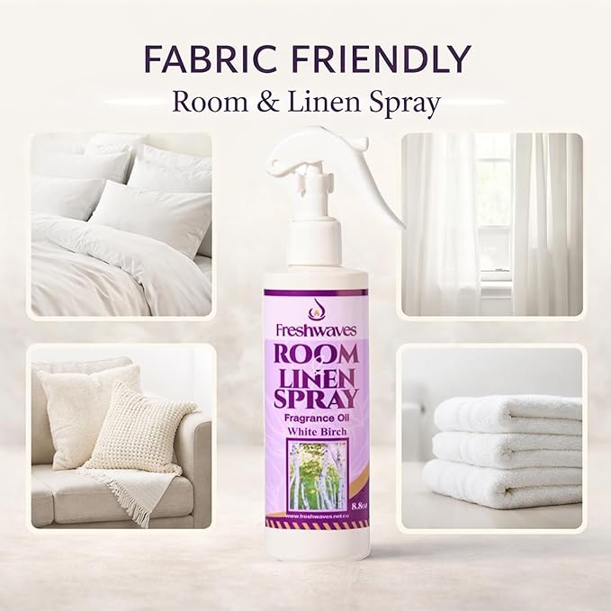 Freshwaves Room & Linen Spray | White Birch Fragrance Oil | 8.8oz Air Freshener | Odor Eliminator for Living Room, Bedroom, Bathroom & Office | White & Purple Bottle