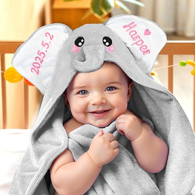 Baosity Custom Elephant Hooded Baby Towel with Name, Personalized Soft Absorbent Bath Towel, Shower Towels for Girls Boys, Easter Christmas Brithday for Kids Baby, Toddler, Newborn Essential