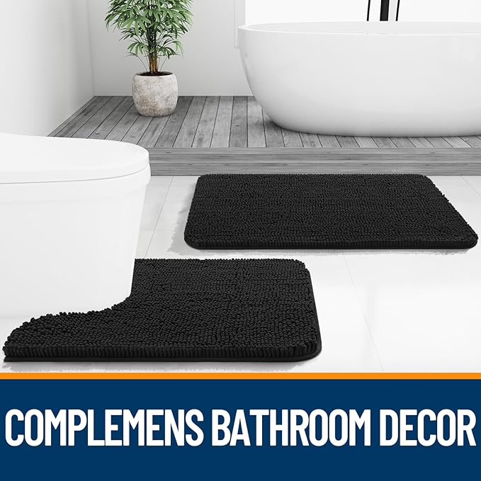 OLANLY Bathroom Rugs 34x21, Extra Soft Absorbent Chenille Bath Rugs, Rubber Backing Quick Dry, Machine Washable Bath Mats for Bathroom Floor, Tub and Shower, Home Decor Accessories, Black