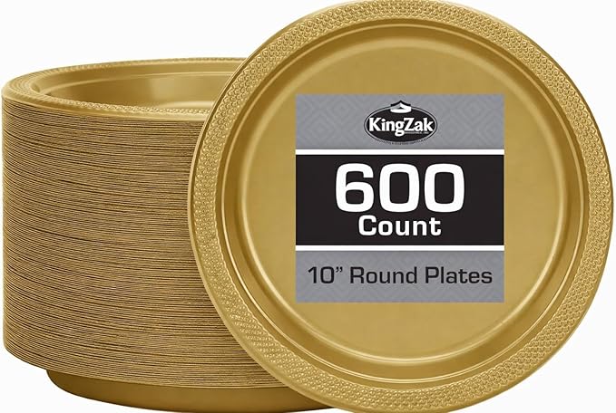 Hanna K. Signature Gold Plastic Plates 10 Inch 600 Count – Heavy Duty Disposable Dinner Plates Bulk for Catering, Weddings & Events