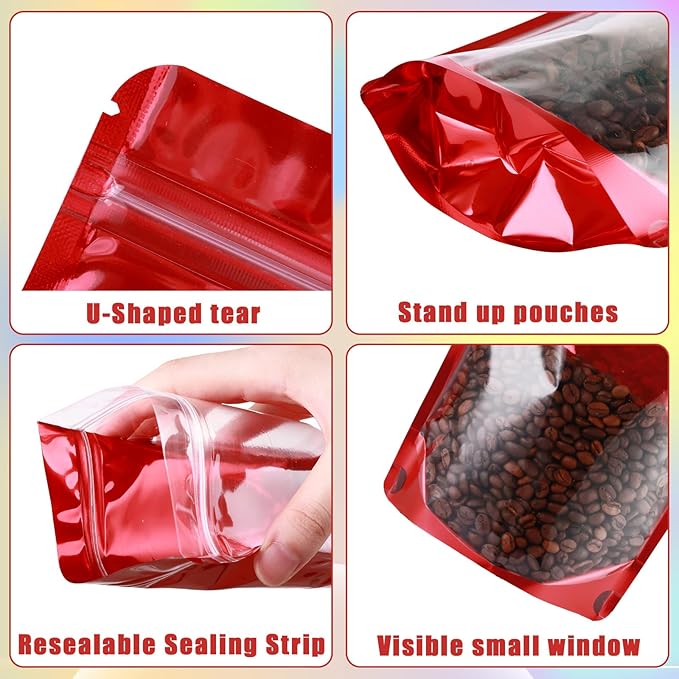 150 Pcs Mylar Bags for Food Storage, 5x8 Mylar Bag with Window Stand Up, Small Holographic Resealable Bags Smell Proof Bag Food Packaging for Small Business Freeze Dried Candy Jewelry Foil Packaging