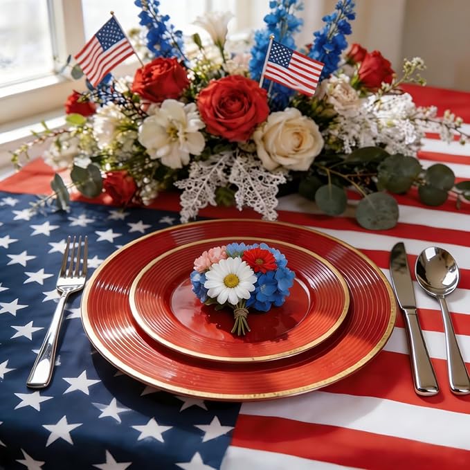 Liacere 100PCS Red Plastic Plates - Heavy Duty Disposable Plates - Red and Gold Plate 100PCS Dinner/Dessert Plate for Party & Graduation & Independence Day & Memorial day