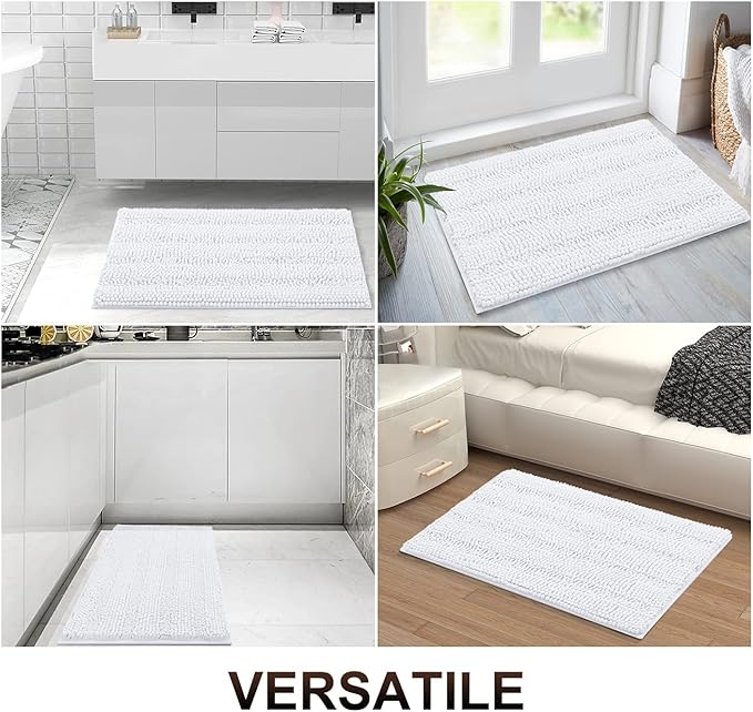 Grandaily Chenille Striped Bathroom Rugs 47x32, Extra Thick and Absorbent Bath Mats, Non-Slip Soft Plush Shaggy Shower Carpet, Machine Wash Dry, Bath Rug for Bathroom, White