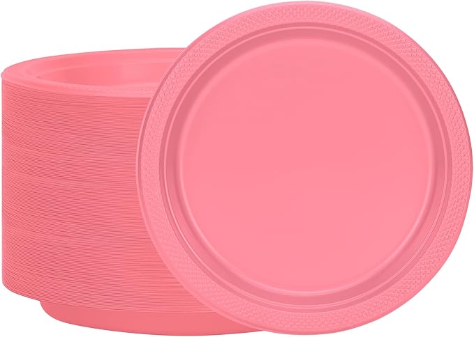 Hanna K. Signature Pink Plastic Plates - 7 Inch, 600 Count - Solid Round Party Plates for Weddings, BBQs & Birthdays