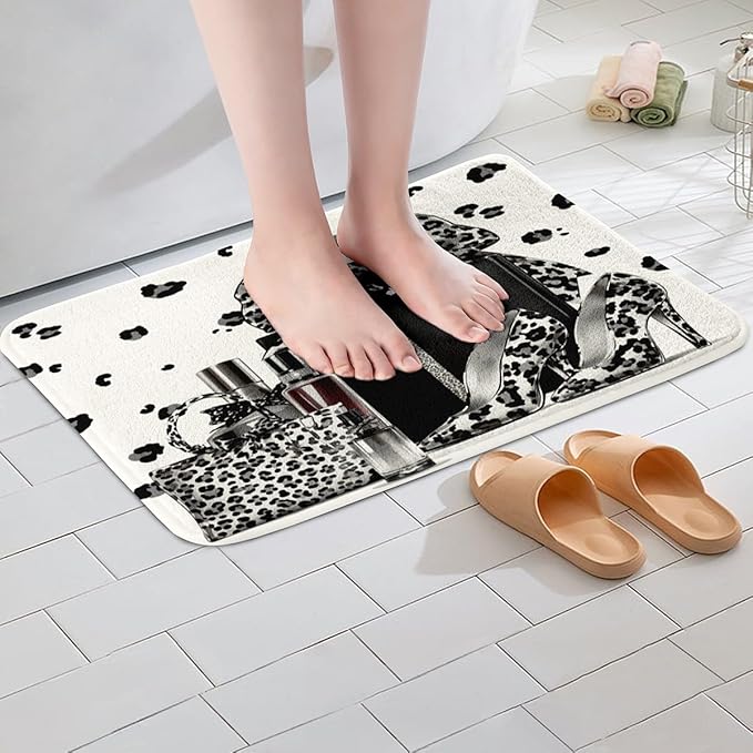 Black Leopard Bowknot Kids Bath Mats,High-Heeled Shoe Perfume Bow Tie Mats Rugs for Girls,Cheetah Skin Abstract Modern Bath Carpets,Noble Chic Bath Rugs,Absorbent Floor Mats,16Wx24L Inches