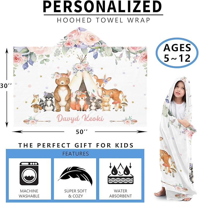 Animals Safari Floral Personalized Kids Hooded Towel with Name Soft Absorbent Beach Pool Bath Towels Hood Poncho for Boys Girls