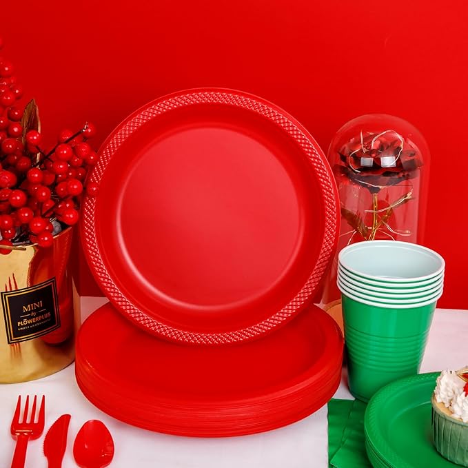 WELLIFE 210Pcs Chrastmas Plates Disposable,Red and Green Plastic Plates,Including red Dinner Plates,Green Dessert Plates, Red Plastic Cutlery, 12OZ green Cups and Napkins,Serve 30 Guests for Chrastmas