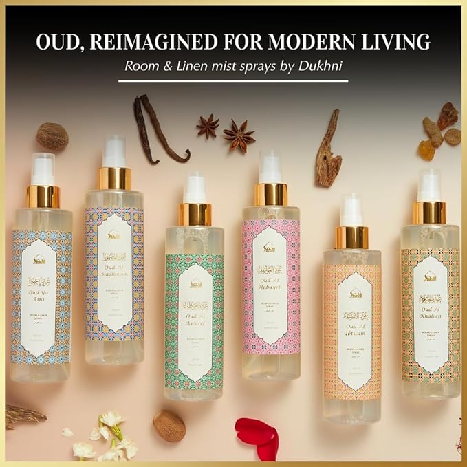 Oud al Habayeb Arabic Room Spray by Dukhni | 250ml Oud fragrance Air Freshener, Attar al Faraash for home & prayer mats | Bed linen, Sofa Mist, natural home scent, curtain spray, odour eliminator
