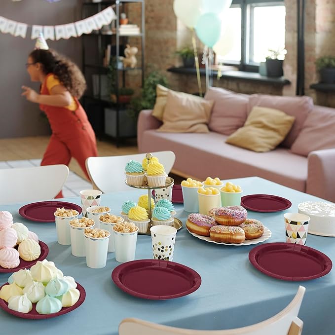 QZYL 50 Pieces Paper Plates, 7" Burgundy Bulk Dessert Plates, Disposable Plates Party Supplies, Round Small Paper Plates, Burgundy Party Decorations for Bridal Dinner Holiday Travel Valentines