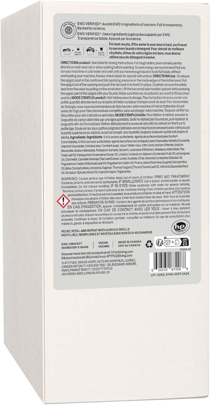 ATTITUDE Laundry Detergent with Essential Oils, EWG Verified, Vegan, Plant and Mineral-Based Ingredients, HE, Bulk Refill, 80 Loads, Geranium and Lemongrass, 67.6 Fl Oz