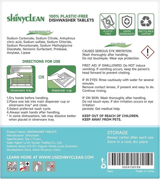 100% Plastic-Free Dishwasher Detergent Tablets, 72 Count, Free & Clear, All-in-One Dishwashing Pods, Enzyme-Powered for Stuck-On Food, Phosphate & Dye Free, Residue-Free Sparkling Shine