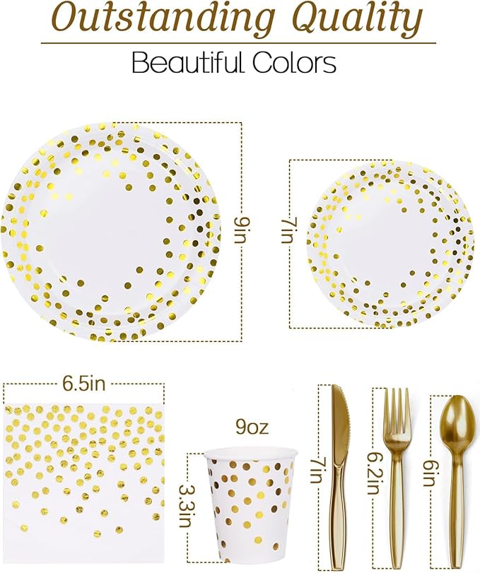 224 Pieces Party Supplies, White and Gold Dots Wedding Party Plates Cups and Napkins Sets with Plastic Knives forks spoons, Disposable Tableware Serves 32 Sets for Birthday, Graduation, Festivals