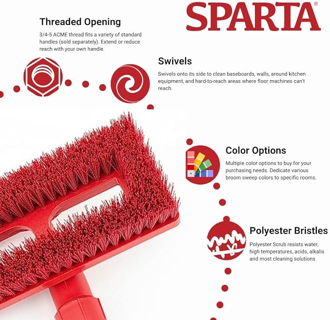 SPARTA 3638831EC05 Polyester Rectangle Scrub Brush, Floor Brush, Cleaning Brush With Swivel Head For Cleaning, 8 Inches, Red