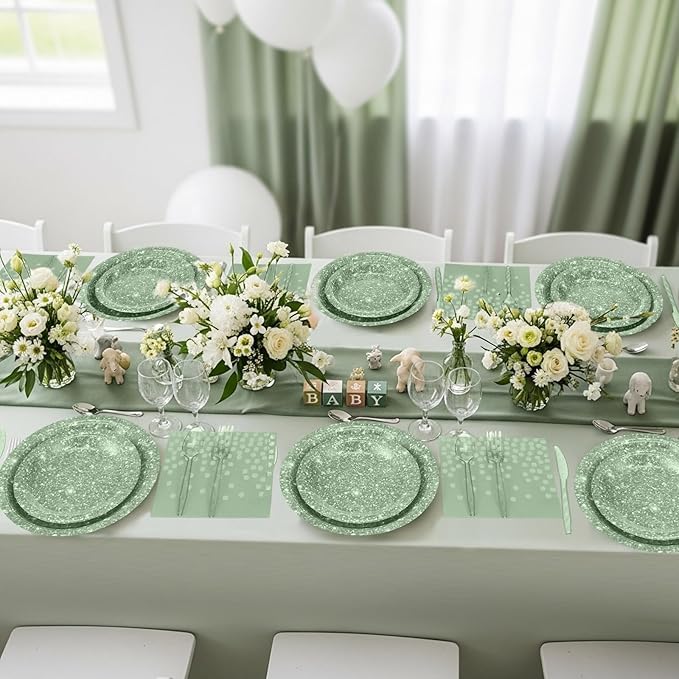 Hushee 175 Pcs Sage Green Holographic Print Party Supplies Guests Disposable Dinnerware Set Include Paper Plates, Napkins, Cups, Plastic Cutlery for Wedding Birthday Disco Bachelorette