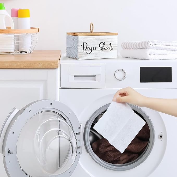 Dryer Sheet Holder, White Washed Wood Laundry Sheets Container, Laundry Room Organization and Storage for Farmhouse Laundry Room Decor and Accessories, Fabric Sheet Holder