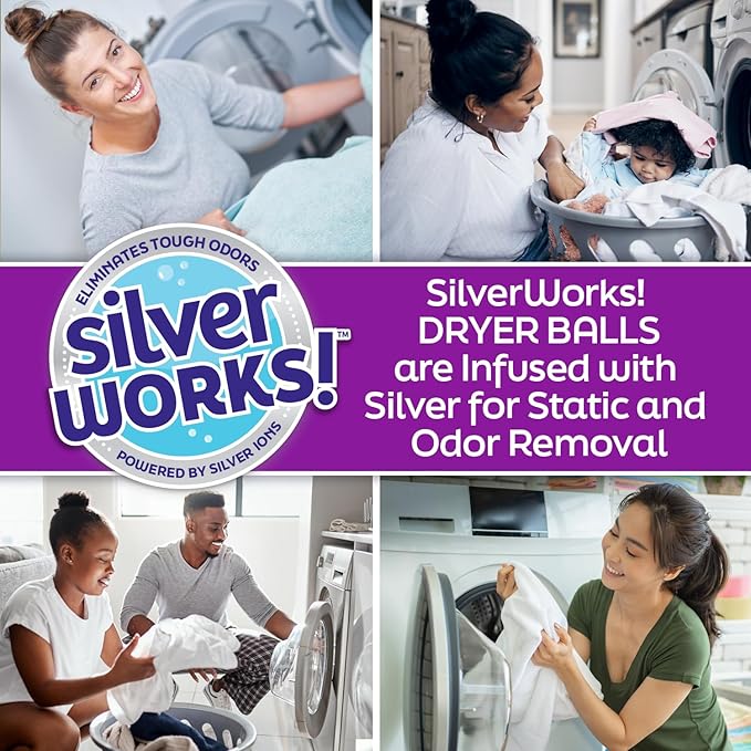 SilverWorks! Wool Dryer Balls Laundry Reusable - Odor Eliminating Dryer Laundry Balls with Silver Technology - Natural Fabric Softener and Static Reducer, Reduce Drying Time and Energy Costs - 4 Pack