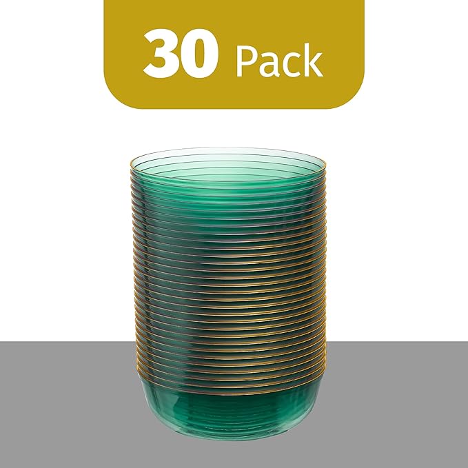 PLASTICPRO Plastic Party Plates Edge Collection Premium heavyweight Elegant Disposable Tableware Dishes (TRANSLUCENT GREEN WITH GOLD RIM, 16 OZ BOWLS)