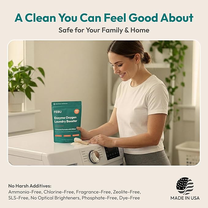 FEBU Enzyme Oxygen Laundry Booster | 7-Enzymes Including DNase | Odor Eliminator & Stain Remover for Sweat, Pet & Musty Odors | Concentrated Powder, Hypoallergenic, USA-Made | Fragrance Free, 2lbs