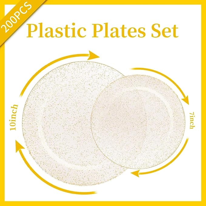 WDF 200PCS Gold Plastic Plates - Gold Glitter Plastic Plates - Heavy Duty Gold Glitter Disposable Plates - Include 100 Dinner Plates 10" and 100 Dessert Plate 7" for Wedding Spring Birthday