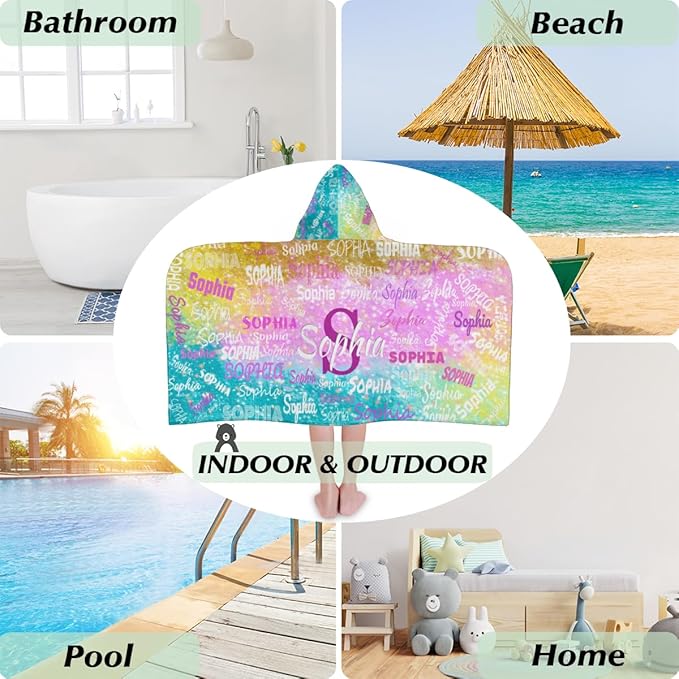 Custom Hooded Towel for Toddlers Boys Girls Kids Bath Pool Beach Towel Soft Absorbent Beach Poncho Wrap Changing Robe, Colorful Pink Yellow Turquoise with Stars