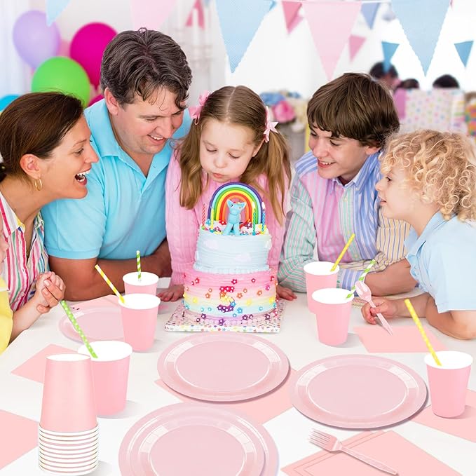 228PCS Pink Party Supplies Set Include Paper Plates Cups Pink Napkins Plastic Spoons Forks Knives for 30 Guests Disposable Party Dinnerware For Birthday Wedding Family Picnic