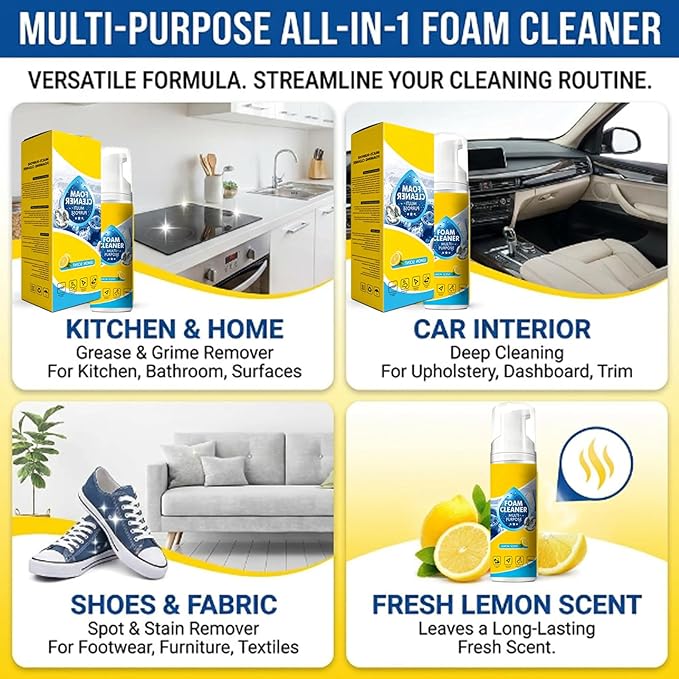 Foam Cleaner All Purpose, Multifunctional Foam Cleaner for Car, New Foam No-Rinse Cleaner for Car Interior, Kitchen, Bathroom Tiles, Sofa (3PC, 150ML)