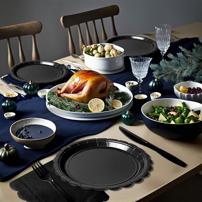 Vyntra 175 Pcs Black Disposable Paper Plates and Napkins Set for 25, 9" Dinner Plates & 7" Dessert Plates, Tableware for Birthday, Graduation, Wedding, Party