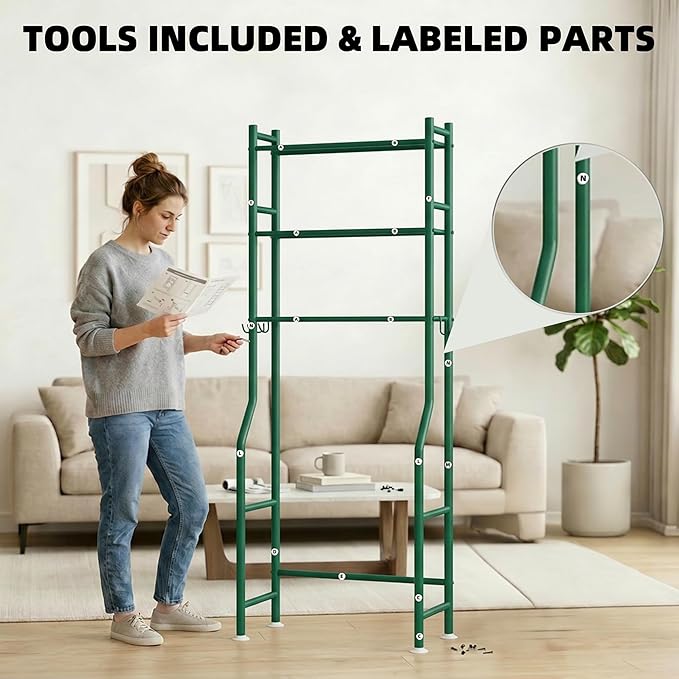 GloTika 3-Tier Over Toilet Storage with Anti-Tilt Safety System - 150lb Total Capacity Metal Bathroom Shelves Including Paper Holder & 4 Hooks, Space Saving Above Commode Organizer (64" H, Green)