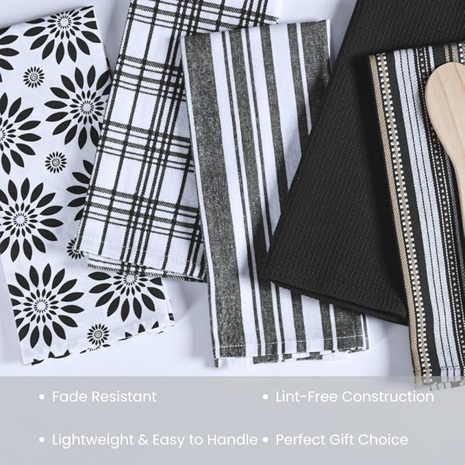 Assorted Kitchen Towels Large 16x26 inch 100% Cotton Set of 5 - Soft Absorbent Washable Tea Towel for Kitchen - Dish Cloths Towel with Hanging Loop - Quick Drying Dish Towels Black