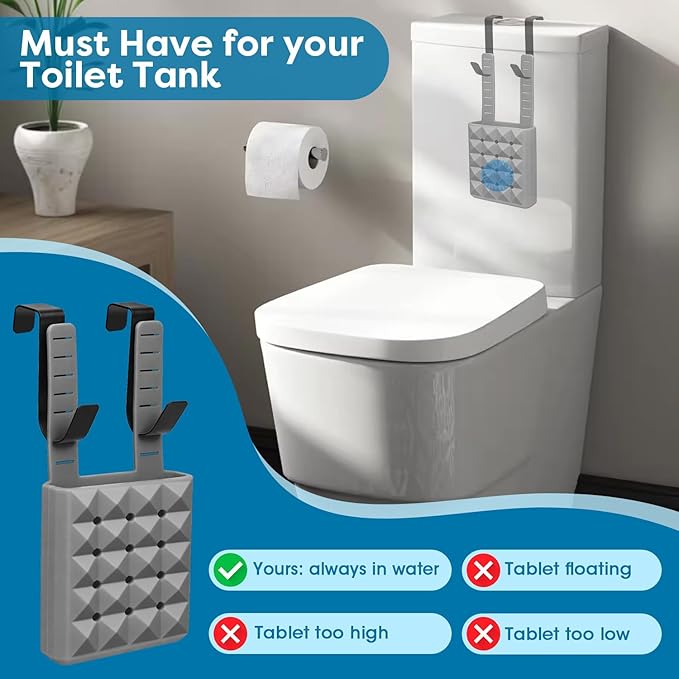 2Pcs Adjustable Toilet Tank Tablet Holder-Hanging Silicone Basket Carrier with Rustproof Hooks for Bowl Cleaner & Bleach Tablet Hanger Pouch Organizer, Accessory Fit Up to 7" Water Level