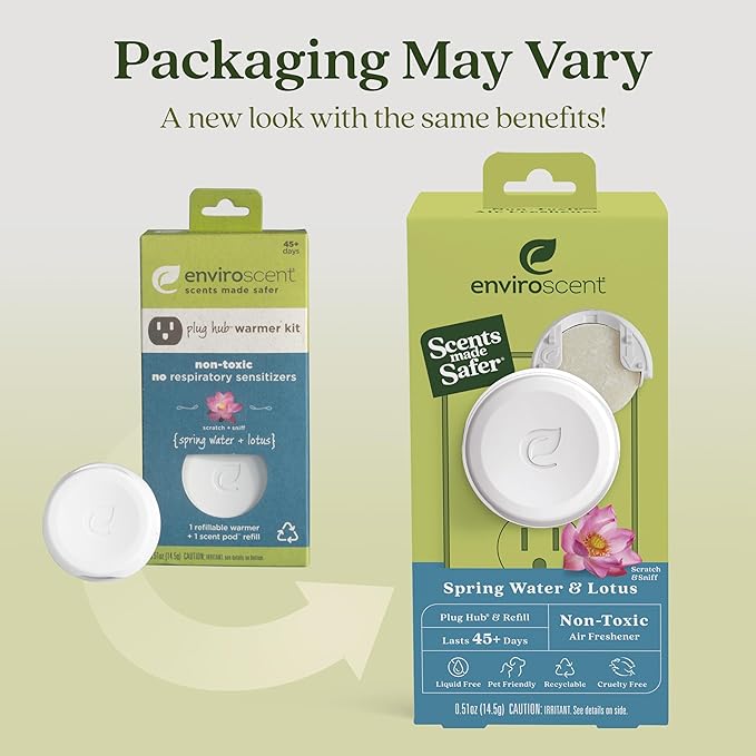 Enviroscent Non-Toxic Air Freshener Plug Hub® Warmer Refillable Kit - Refillable Plug-in Air Freshener for Home w/Paper Refill - Home Fragrance Lasts Up to 45 Days - Spring Water & Lotus Scent
