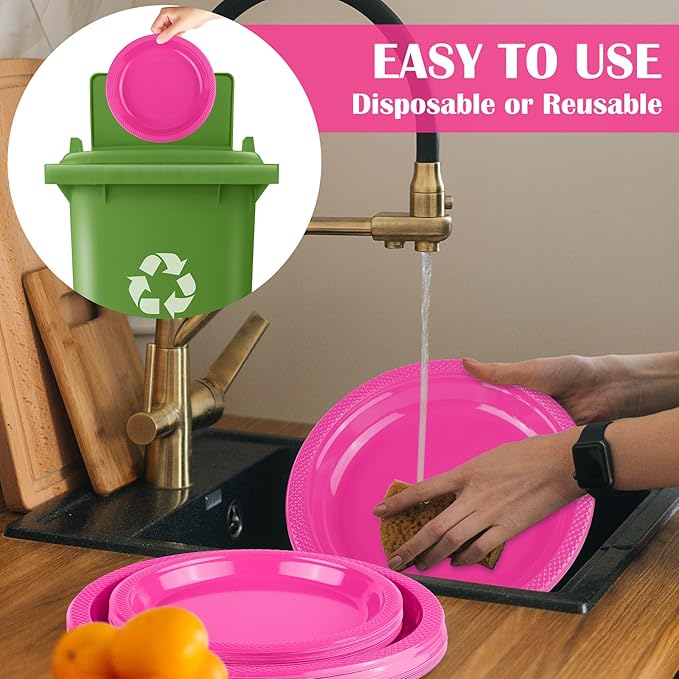 Aodaer 200 Pieces Hot Pink Party Supplies Disposable Dinnerware Set Include Plastic Plates Cups Knives Forks Spoons Paper Napkins for Birthday Wedding Graduation Parties, Serve 25 Guests