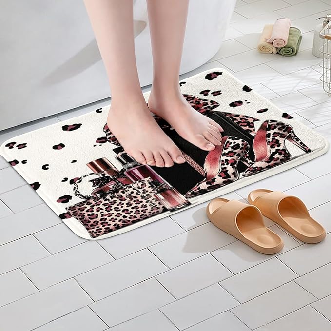 Pink Leopard Bowknot Kids Bath Mats,High-Heeled Shoe Perfume Beauty Mats Rugs for Girls,Cheetah Skin Princess Bath Carpets,Unique Fashion Bath Rugs,Absorbent Floor Mats,16Wx24L Inches