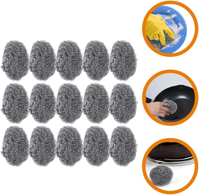 15pcs Stainless Steel Scrubber Wire Ball Set 22g Metal Scrubbing Pads for Kitchen Pot Pan Cleaning Dishwashing Household Supplies