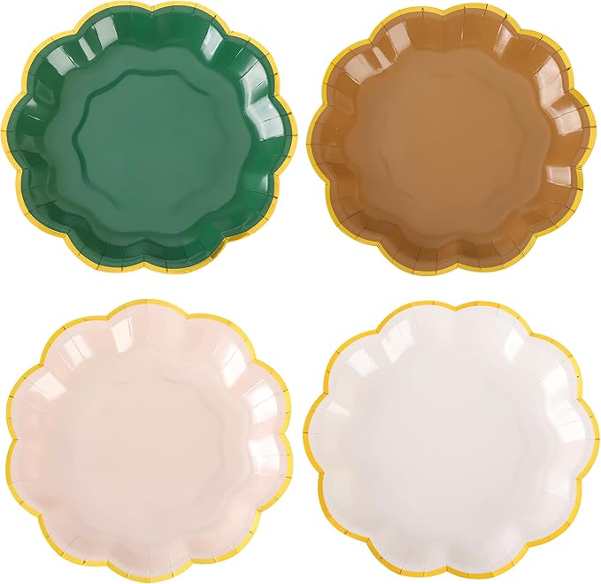 AimFun 48Pcs Woodland Scalloped Party Plates 7 Inch Sage Green Brown Disposable Dessert Plates Gold Foil Border Paper Plates for Birthday Baby Shower Wedding Forest Themed Party Supplies