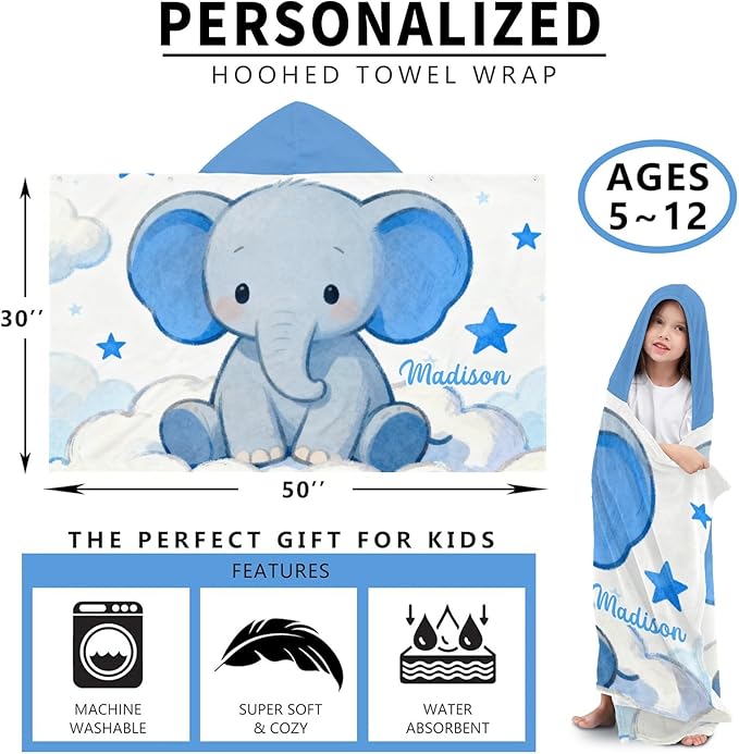 Blue Stars Elephant Personalized Hooded Towel Absorbent Wrap Soft Pool Beach Bath Towels Hood Poncho for 5-12 Years Kids Boys Girls