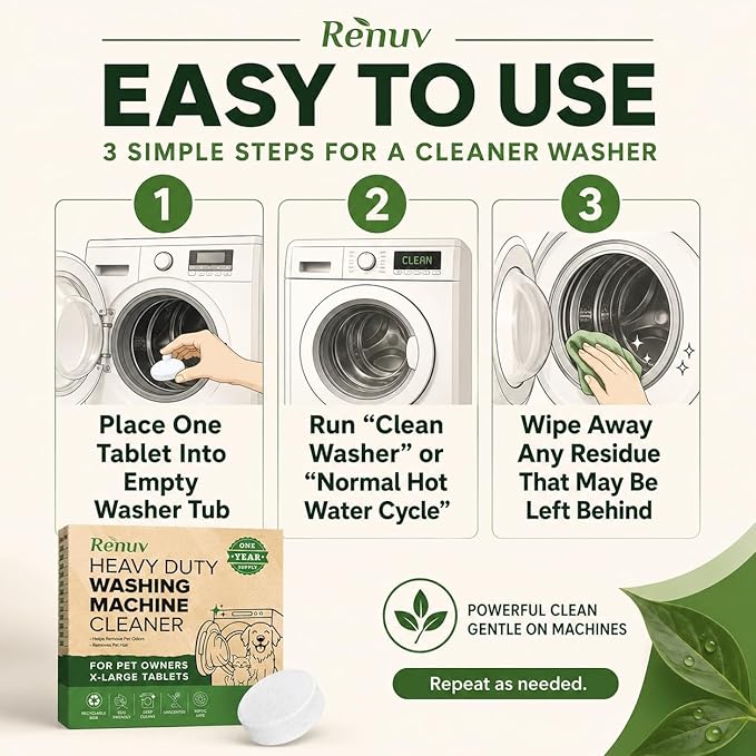 Renuv® Heavy Duty Washing Machine Cleaner For Dog & Cat Hair, Stink, Odor, Residue, Grime - For Front Load or Top Load Washer. HE and Septic Safe For Pet Owners. (12 XL Tablets - 1 Year Supply)