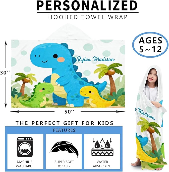 Cute Dinosaurs Jungle Personalized Hooded Towel Absorbent Wrap Soft Pool Beach Bath Towels Hood Poncho for 5-12 Years Kids Boys Girls