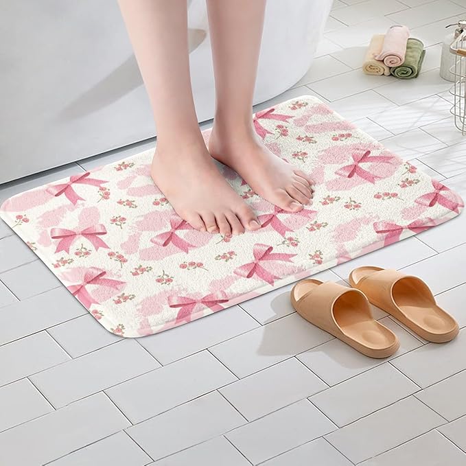 Pink Bowknot Kids Bath Mats,Princess Lips Roses Flowers Romantic Mats Rugs for Girls,Bow Tie Geometric Patchwork Bath Carpets,Modern Fashion Bath Rugs,Absorbent Floor Mats,16Wx24L Inches