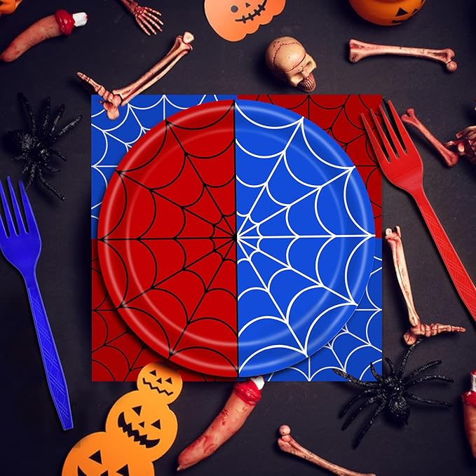 100 Pcs Spider Web Tableware Party Supplies – Disposable Red and Blue Web Paper Plates, Napkins, and Forks for Birthdays, Kids Parties, and Comic Theme Celebrations – Serves 25