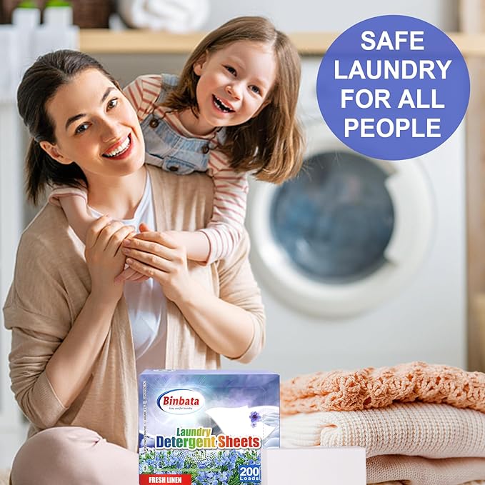 Binbata Laundry Detergent Sheets, 200 Loads Fresh Linen Scent Hypoallergenic Eco-Friendly, Biodegradable Plastic Free Liquidless Laundry Sheets Suitable for Sensitive Skin