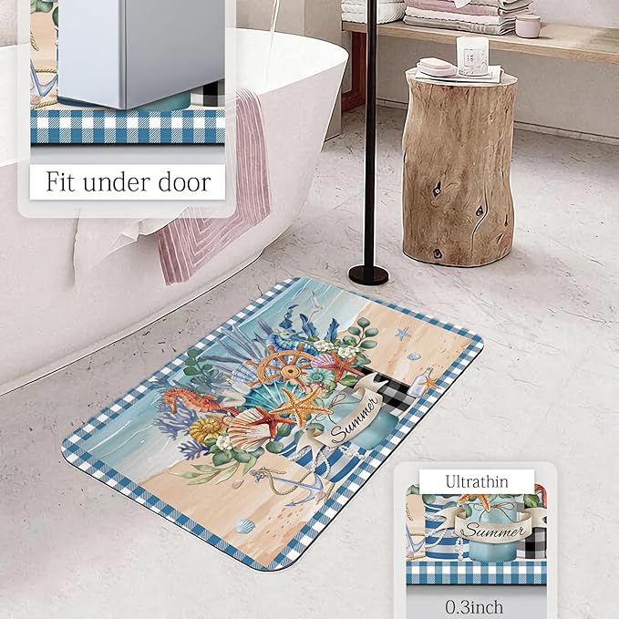 APROPHIC Summer Coastal Flower Bath Mat for Bathroom Decor, Ocean Seashell Buffalo Plaid Bathroom Rug Non-Slip Carpet, Absorbent Quick-Drying Floor Mat, Ultra-Thin Fit Under The Door,17x24 in, Blue