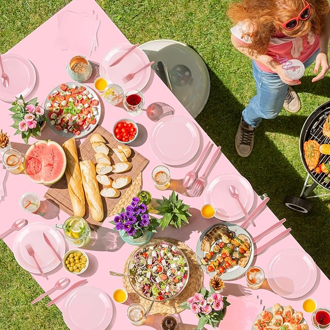 229PCS Pink Party Supplies Set Paper Disposable Plates Cups Plastic Spoons Forks Knives Pink Napkins for 30 Guests Disposable Party Dinnerware Sets for Wedding Birthday Parties