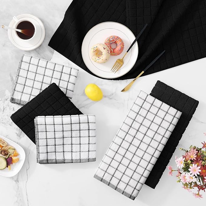 Homaxy Premium Cotton Kitchen Towels 16"x 28", Large Natural Ring Spun 390 GSM Dish Towels, Super Absorbent Terry Kitchen Hand Towels, Soft Tea Towels with Hanging Loop, Black Check Design, 12 Pack
