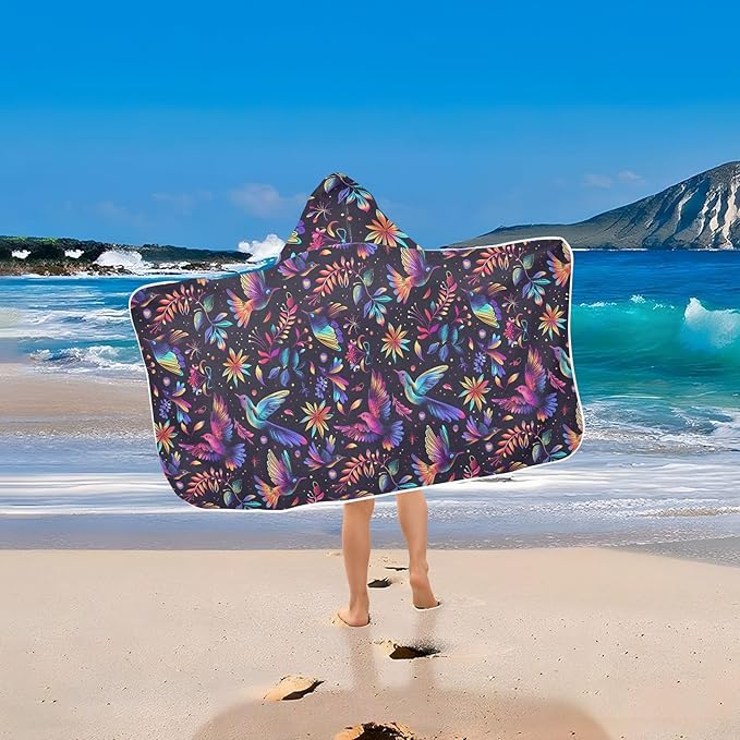 Hooded Towel for Kids Purple Bird and Flowers Beach Wrap Bath Towels 50x23.5in